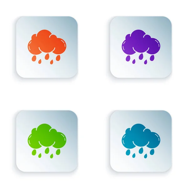 Farbwolke mit Regensymbol auf weißem Hintergrund. Regenwolken Niederschlag mit Regentropfen. setzen Symbole in bunten quadratischen Tasten. Vektorillustration — Stockvektor