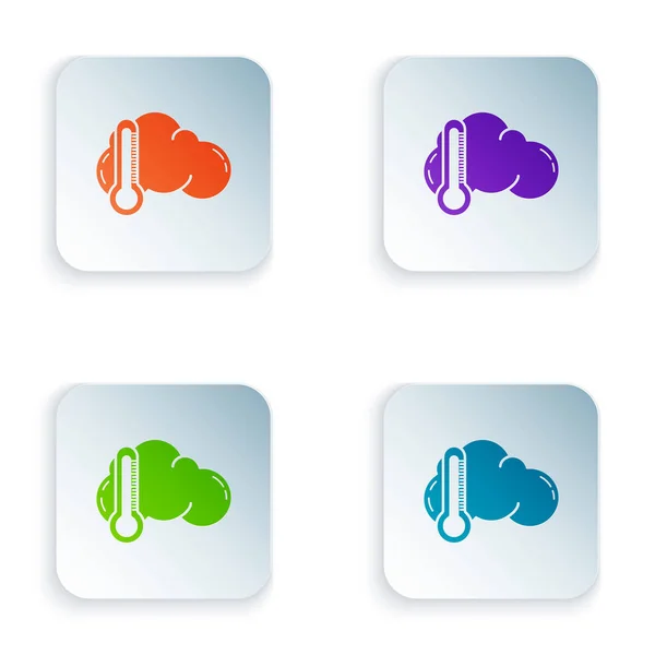 Termómetro de color e icono de nube aislados sobre fondo blanco. Establecer iconos en botones cuadrados de colores. Ilustración vectorial — Vector de stock