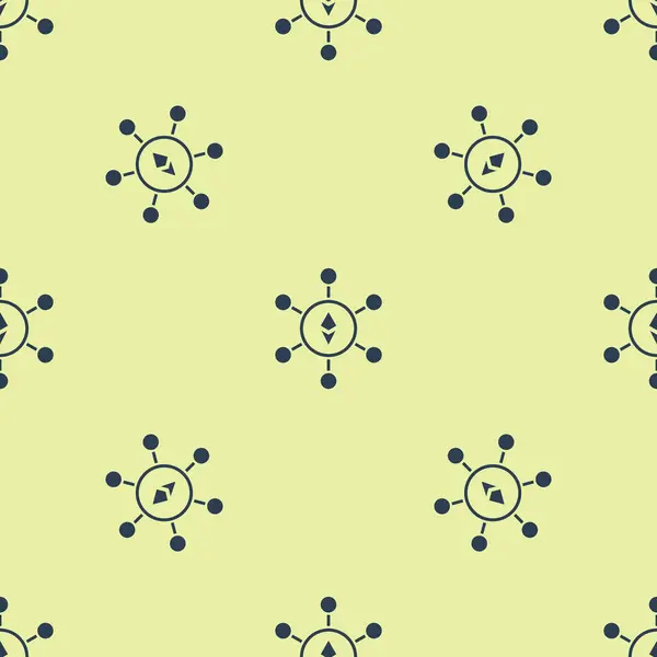 Blå blockchain-teknik Ethereum ETH ikon ikon isolerade sömlösa mönster på gul bakgrund. Abstrakt geometrisk blockkedja nätverksteknik verksamhet. Vektor illustration — Stock vektor