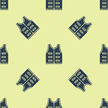 Mavi Avcılık ceket simgesi sarı arka plan üzerinde sorunsuz desen izole. Av yeleği. Vektör İllüstrasyonu