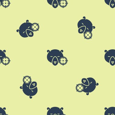 Mavi Hunt sarı arka plan üzerinde izole dikişsiz desen artı işareti simgesi ile ayı üzerinde. Ayı ve hedef ile Avcılık kulübü logosu. Tüfek merceği bir ayıyı hedef almış. Vektör İllüstrasyonu