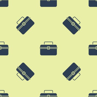 Mavi Case veya kutu konteyner wobbler ve dişli balıkçılık ekipmanları simgesi için sarı arka plan üzerinde sorunsuz desen izole. Olta takımı. Vektör İllüstrasyonu