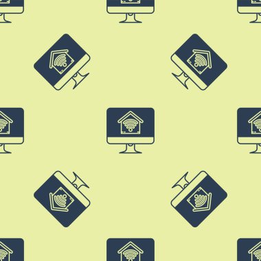 Wi-fi simgesi ile akıllı ev ile Mavi Bilgisayar monitörü sarı arka plan üzerinde izole kesintisiz desen. Uzaktan kumanda. Vektör İllüstrasyonu