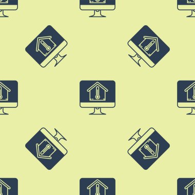 Sarı arka plan üzerinde ev sıcaklığı simgesi izole kesintisiz desen ile Mavi Bilgisayar monitör. Termometre simgesi. Vektör İllüstrasyonu