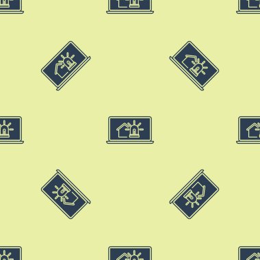 Akıllı ev ve alarm simgesi ile Mavi Laptop sarı arka plan üzerinde izole kesintisiz desen. Akıllı evin güvenlik sistemi. Vektör İllüstrasyonu