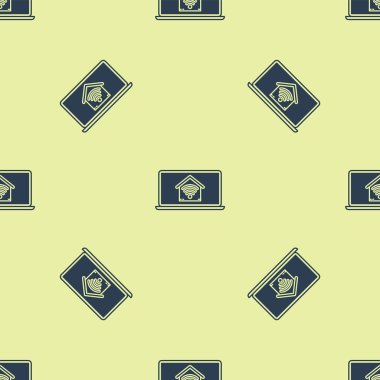 Wi-fi simgesi ile akıllı ev ile Mavi Laptop sarı arka plan üzerinde sorunsuz desen izole. Uzaktan kumanda. Vektör İllüstrasyonu