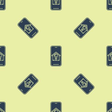 Akıllı ev ve ampul simgesi ile Mavi Cep telefonu sarı arka plan üzerinde sorunsuz desen izole. Vektör İllüstrasyonu