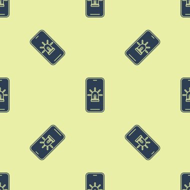 Akıllı ev ve alarm simgesi ile Mavi Cep telefonu sarı arka plan üzerinde izole kesintisiz desen. Akıllı evin güvenlik sistemi. Vektör İllüstrasyonu