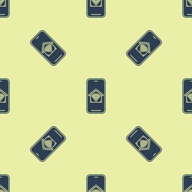 Wi-fi simgesi ile akıllı ev ile Mavi Cep telefonu sarı arka plan üzerinde izole kesintisiz desen. Uzaktan kumanda. Vektör İllüstrasyonu