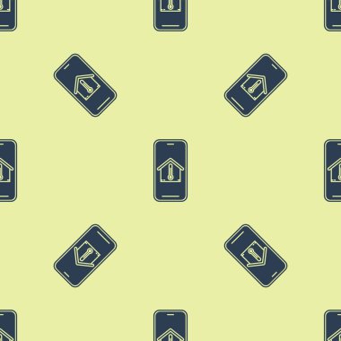 Ev sıcaklığı simgesi ile Mavi Cep telefonu sarı arka plan üzerinde sorunsuz desen izole. Termometre simgesi. Vektör İllüstrasyonu