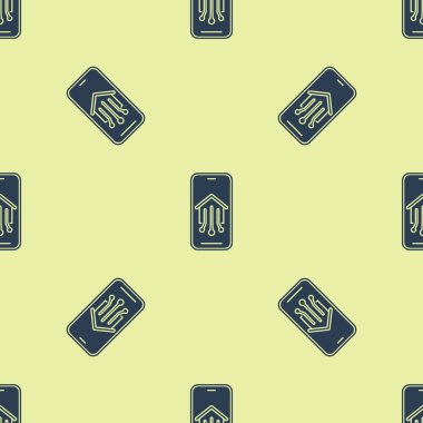 Akıllı ev simgesi ile Mavi Cep telefonu sarı arka plan üzerinde sorunsuz desen izole. Uzaktan kumanda. Vektör İllüstrasyonu