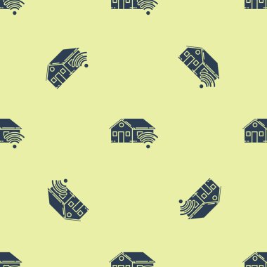 Mavi Akıllı ev wi-fi simgesi ile izole kesintisiz desen sarı arka plan üzerinde. Uzaktan kumanda. Vektör İllüstrasyonu