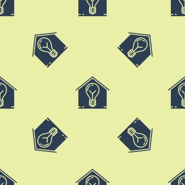 Mavi Akıllı ev ve ampul simgesi sarı arka plan üzerinde sorunsuz desen izole. Vektör İllüstrasyonu