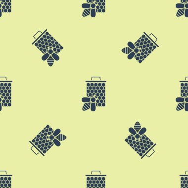 Mavi Arı ve petek simgesi sarı arka plan üzerinde izole dikişsiz desen. Bal hücreleri. Tatlı doğal yemekler. Bal arısı veya kanat sembolü ile apis. Uçan böcek. Vektör İllüstrasyonu