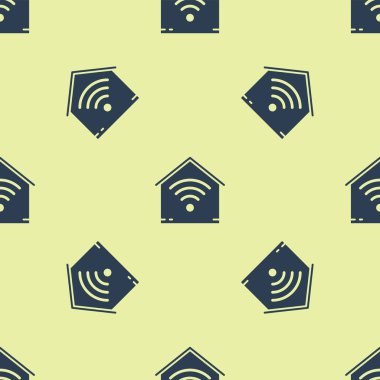 Mavi Akıllı ev wi-fi simgesi ile izole kesintisiz desen sarı arka plan üzerinde. Uzaktan kumanda. Vektör İllüstrasyonu