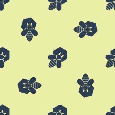 Mavi Arı ve petek simgesi sarı arka plan üzerinde izole dikişsiz desen. Bal hücreleri. Bal arısı veya kanat sembolü ile apis. Uçan böcek. Tatlı doğal yemekler. Vektör İllüstrasyonu