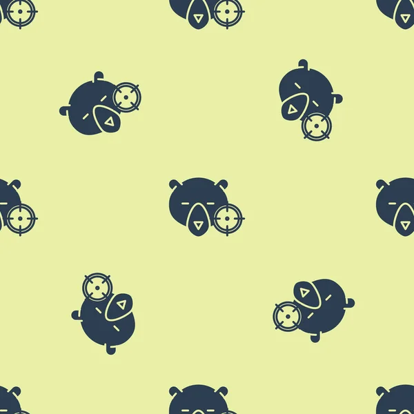 Caça azul no urso com mira ícone isolado padrão sem costura no fundo amarelo. Logotipo de clube de caça com urso e alvo. Lente de espingarda apontando um urso. Ilustração vetorial —  Vetores de Stock