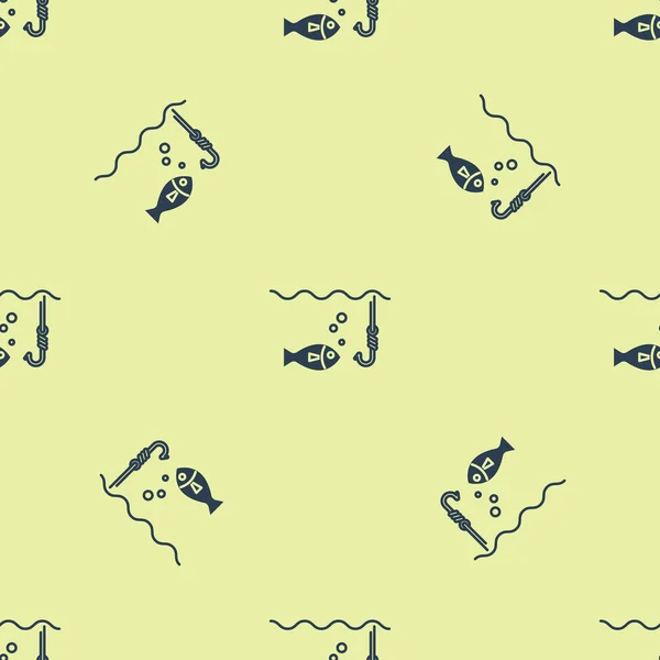 Blauer Angelhaken unter Wasser mit Fischsymbol isoliert nahtlosen Muster auf gelbem Hintergrund. Angeln. Vektorillustration — Stockvektor