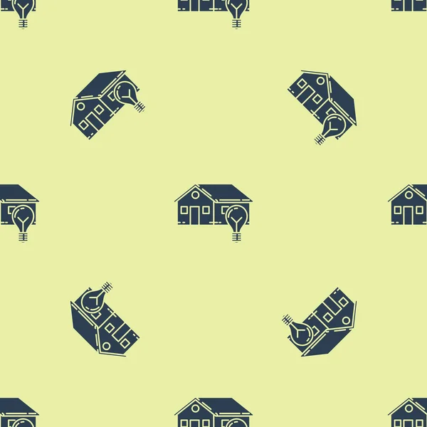 Blue Smart maison et ampoule icône isolée motif sans couture sur fond jaune. Illustration vectorielle — Image vectorielle