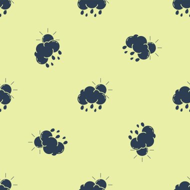 Yağmur ve güneş simgesi ile Mavi Bulut sarı arka plan üzerinde izole dikişsiz desen. Yağmur damlaları ile yağmur bulutu yağış. Vektör İllüstrasyonu