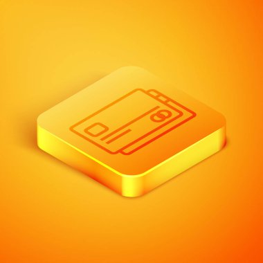 Turuncu arka planda yalıtılmış İzometrik çizgi Kredi kartı simgesi. Online ödeme. Nakit para çekme. Finansal operasyonlar. Alışveriş tabelası. Turuncu kare düğme. Vektör İllüstrasyonu