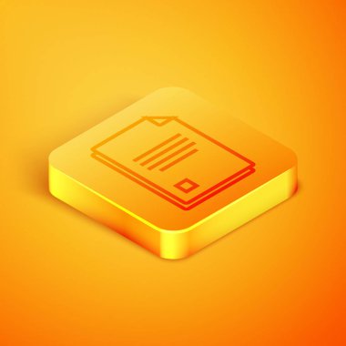 Turuncu arka planda yalıtılmış İzometrik çizgi Dosya belge simgesi. Denetim listesi simgesi. İş konsepti. Turuncu kare düğme. Vektör İllüstrasyonu