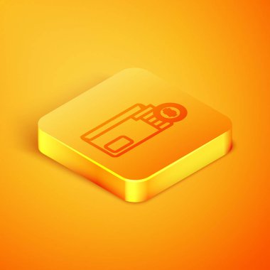 Turuncu arka planda izole sikke dolar sembolü simgesi ile izometrik çizgi Zarf. Maaş artışı, maaş bordrosu, tazminat geliri. Turuncu kare düğme. Vektör İllüstrasyonu