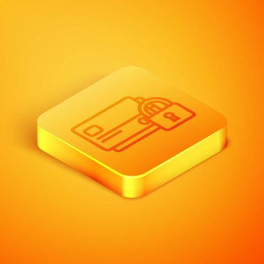 Turuncu arka planda izole edilmiş kilit simgesine sahip İzometrik çizgi Kredi kartı. Kilitli banka kartı. Güvenlik, güvenlik, koruma konsepti. Güvenli bir ödeme kavramı. Turuncu kare düğme. Vektör İllüstrasyonu