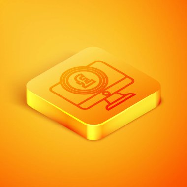 Turuncu arka planda izole dolar sembolü simgesi ile izometrik çizgi Bilgisayar monitörü. Online alışveriş konsepti. İnternettekazanç, pazarlama. Turuncu kare düğme. Vektör İllüstrasyonu