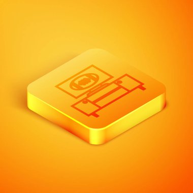 Tv programında izometrik çizgi Amerikan futbolu ve turuncu arka plan üzerinde izole stand simgesi. Turuncu kare düğme. Vektör İllüstrasyonu