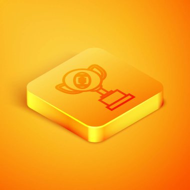 İzometrik çizgi Ödül kupası ve Amerikan futbol topu simgesi turuncu arka plan üzerinde izole. Kazanan kupa sembolü. Şampiyonluk ya da yarışma kupası. Turuncu kare düğme. Vektör İllüstrasyonu