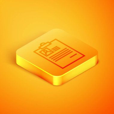 Turuncu arka planda izole edilmiş özgeçmiş simgesine sahip İzometrik çizgi Panosu. Cv başvurusu. Özgeçmiş, profil fotoğrafı ile iş başvuru formu. Turuncu kare düğme. Vektör İllüstrasyonu