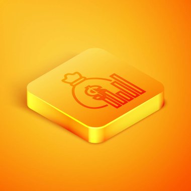 Turuncu arka planda izole edilmiş izometrik çizgi Para çantası ve diyagram grafiği simgesi. Finansal analiz, bütçe planlaması, finans idarecileri. Turuncu kare düğme. Vektör İllüstrasyonu