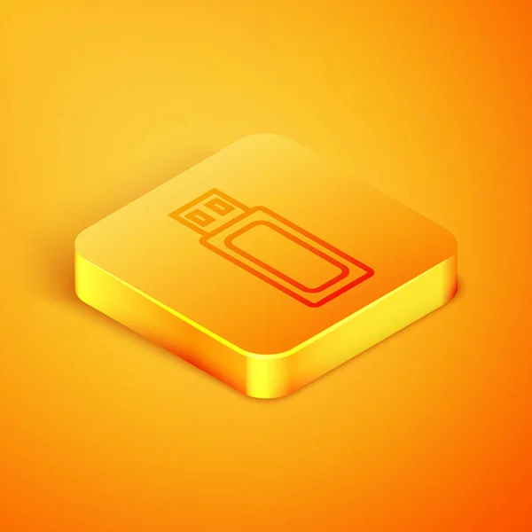Isometrische lijn USB Flash Drive icoon geïsoleerd op oranje achtergrond. Oranje vierkante knop. Vector illustratie — Stockvector
