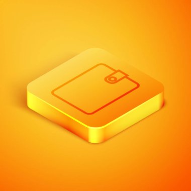 Turuncu arka planda yalıtılmış İzometrik çizgi Cüzdan simgesi. Çanta simgesi. Nakit tasarruf sembolü. Turuncu kare düğme. Vektör İllüstrasyonu