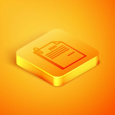 İzometrik çizgi Turuncu arka planda yalıtılmış dosya belgesi ve ataş simgesi. Denetim listesi simgesi. İş konsepti. Turuncu kare düğme. Vektör İllüstrasyonu