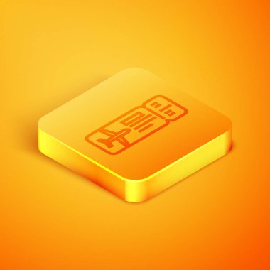 Turuncu arka planda izole edilmiş İzometrik hat Havayolu bilet simgesi. Uçak bileti. Turuncu kare düğme. Vektör İllüstrasyonu