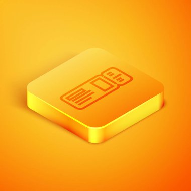 İzometrik hat Turuncu arka planda izole edilmiş seyahat bileti simgesi. Tren, gemi, uçak, tramvay, otobüs taşımacılığı. Seyahat hizmeti konsepti. Turuncu kare düğme. Vektör İllüstrasyonu