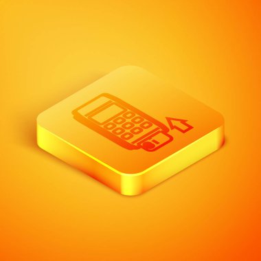 Turuncu arka planda izole edilmiş kredi kartı simgesine eklenen İzometrik hat Pos terminali. Ödeme terminali işlemi. Kartla ödeyin. Turuncu kare düğme. Vektör İllüstrasyonu