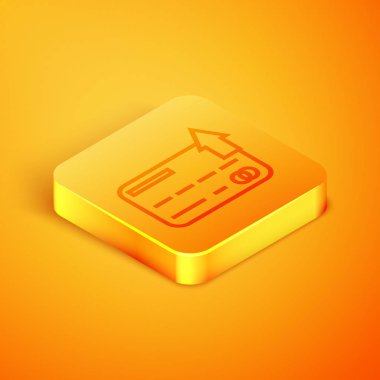 Turuncu arka planda yalıtılmış İzometrik çizgi Kredi kartı simgesi. Online ödeme. Nakit para çekme. Finansal operasyonlar. Alışveriş tabelası. Turuncu kare düğme. Vektör İllüstrasyonu