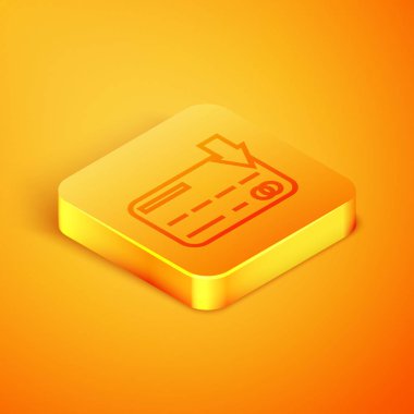 Turuncu arka planda yalıtılmış İzometrik çizgi Kredi kartı simgesi. Online ödeme. Nakit para çekme. Finansal operasyonlar. Alışveriş tabelası. Turuncu kare düğme. Vektör İllüstrasyonu