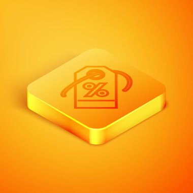 Turuncu arka planda yalıtılmış İzometrik çizgi İndirim yüzde etiket simgesi. Alışveriş etiketi işareti. Özel teklif işareti. İndirim kuponları sembolü. Turuncu kare düğme. Vektör İllüstrasyonu