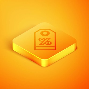 Turuncu arka planda yalıtılmış İzometrik çizgi İndirim yüzde etiket simgesi. Alışveriş etiketi işareti. Özel teklif işareti. İndirim kuponları sembolü. Turuncu kare düğme. Vektör İllüstrasyonu