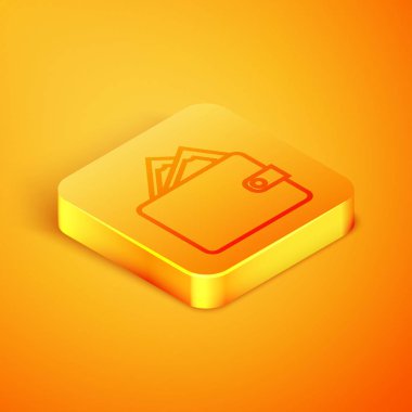 Turuncu arka plan üzerinde izole yığınları kağıt para nakit simgesi ile izometrik çizgi Cüzdan. Çanta simgesi. Nakit tasarruf sembolü. Turuncu kare düğme. Vektör İllüstrasyonu