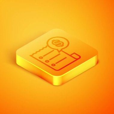 İzometrik çizgi Kağıt çek ve turuncu arka planda izole mali kontrol simgesi. Kağıt baskı çeki, mağaza makbuzu veya fatura. Turuncu kare düğme. Vektör İllüstrasyonu