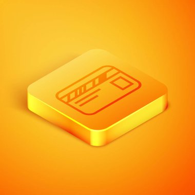 Turuncu arka planda yalıtılmış İzometrik çizgi Kredi kartı simgesi. Online ödeme. Nakit para çekme. Finansal operasyonlar. Alışveriş tabelası. Turuncu kare düğme. Vektör İllüstrasyonu