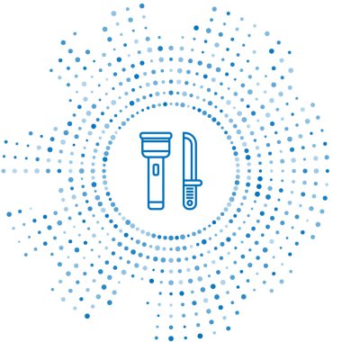 Mavi çizgi El Feneri ve bıçak simgesi beyaz arka plan üzerinde izole. Soyut daire rasgele nokta. Vektör İllüstrasyonu