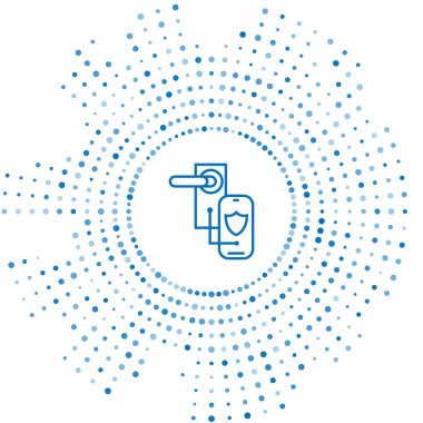 Beyaz arka planda izole edilmiş kilit simgesi için kablosuz teknolojiye sahip mavi hat Dijital kapı kilidi. Kapı kolu işareti. Güvenlik akıllı ev. Soyut daire rasgele nokta. Vektör İllüstrasyonu