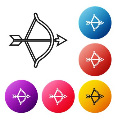 Siyah çizgi Yay ve ok simgesi beyaz arka plan üzerinde izole. Cupid sembolü. Aşk işareti. Sevgililer günü konsepti. Simgeleri renkli daire düğmeleri ayarlayın. Vektör İllüstrasyonu