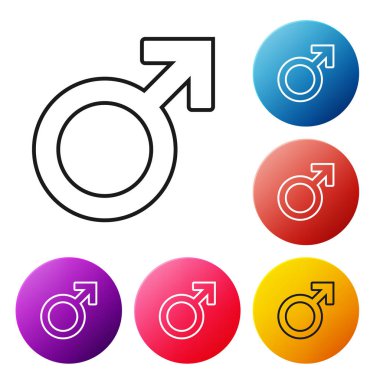 Siyah çizgi Erkek cinsiyet sembolü simgesi beyaz arka plan üzerinde izole. Simgeleri renkli daire düğmeleri ayarlayın. Vektör İllüstrasyonu